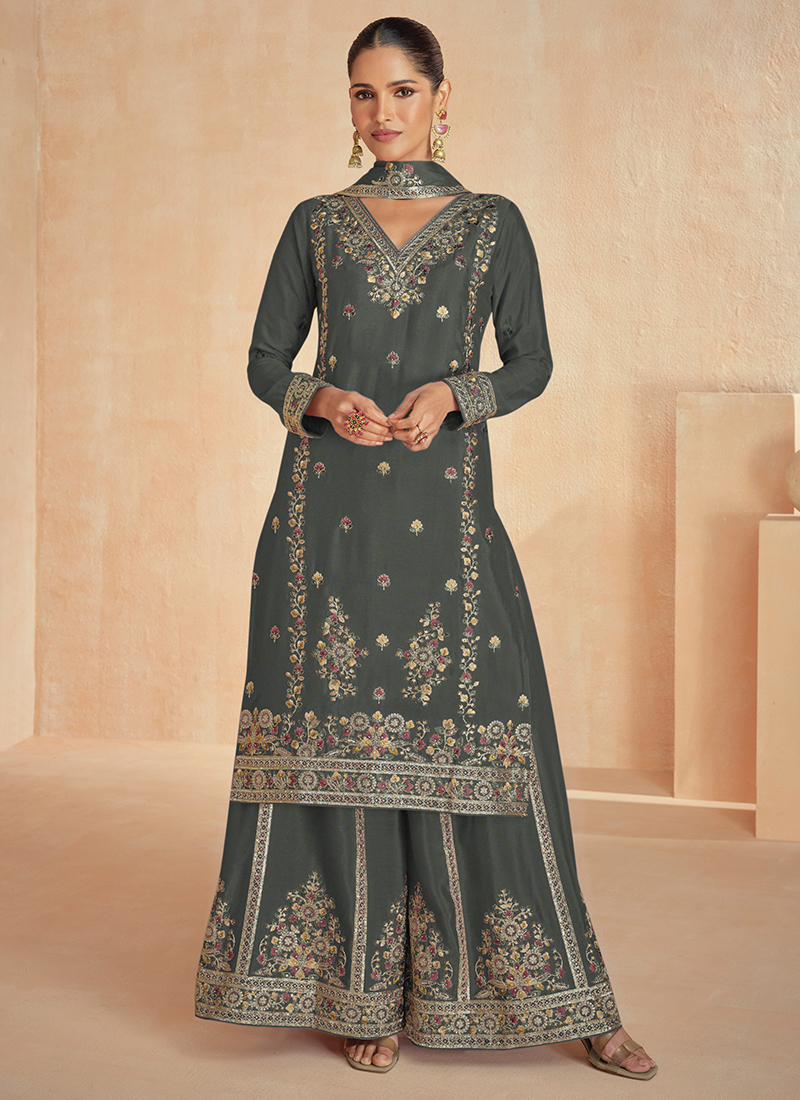 Women red georgette embroidered sequence plazzo suit